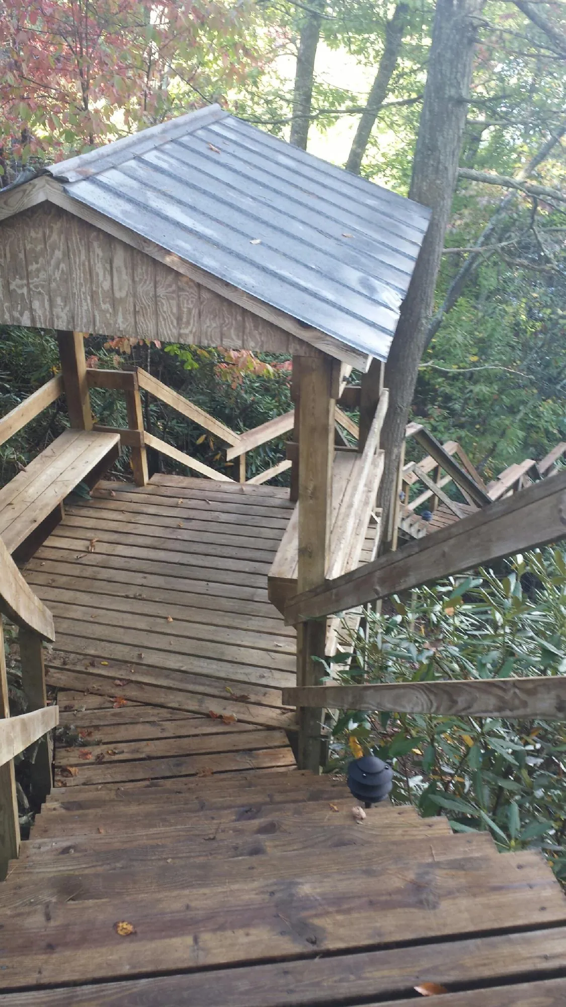 Metal roofed shelter over wooden steps on a wooded walkway — Skylight Repair & Installation work by our crew in Fredonia